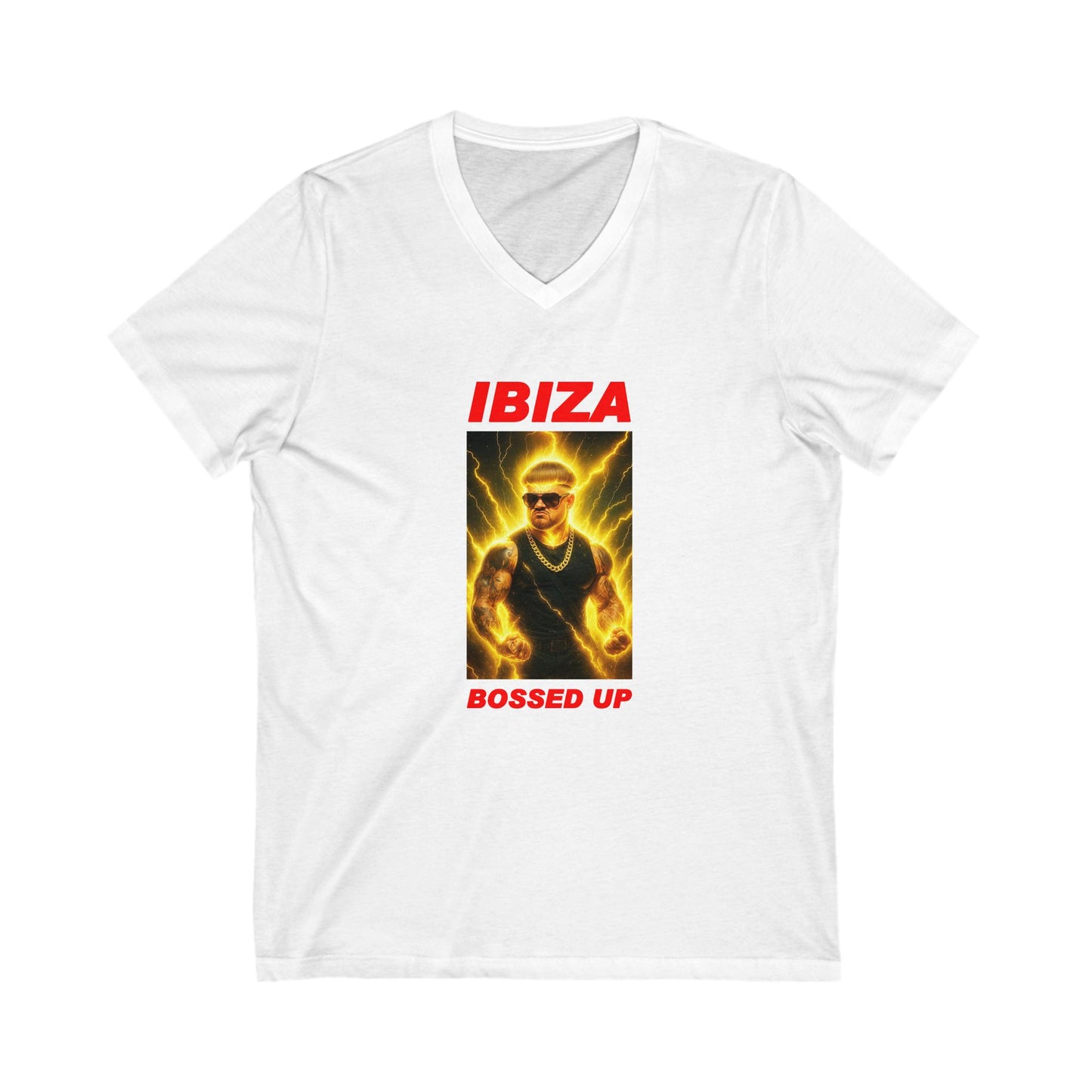 Ibiza Bossed Up Unisex V-Neck Tee, Summer Vacation Shirt, Music Festival Outfit, Beach Party Top, Trendy Graphic Tee, Gift for Party Lovers