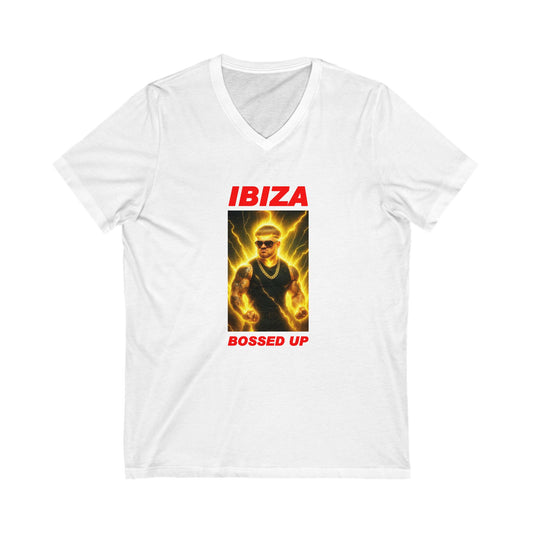 Ibiza Bossed Up Unisex V-Neck Tee, Summer Vacation Shirt, Music Festival Outfit, Beach Party Top, Trendy Graphic Tee, Gift for Party Lovers