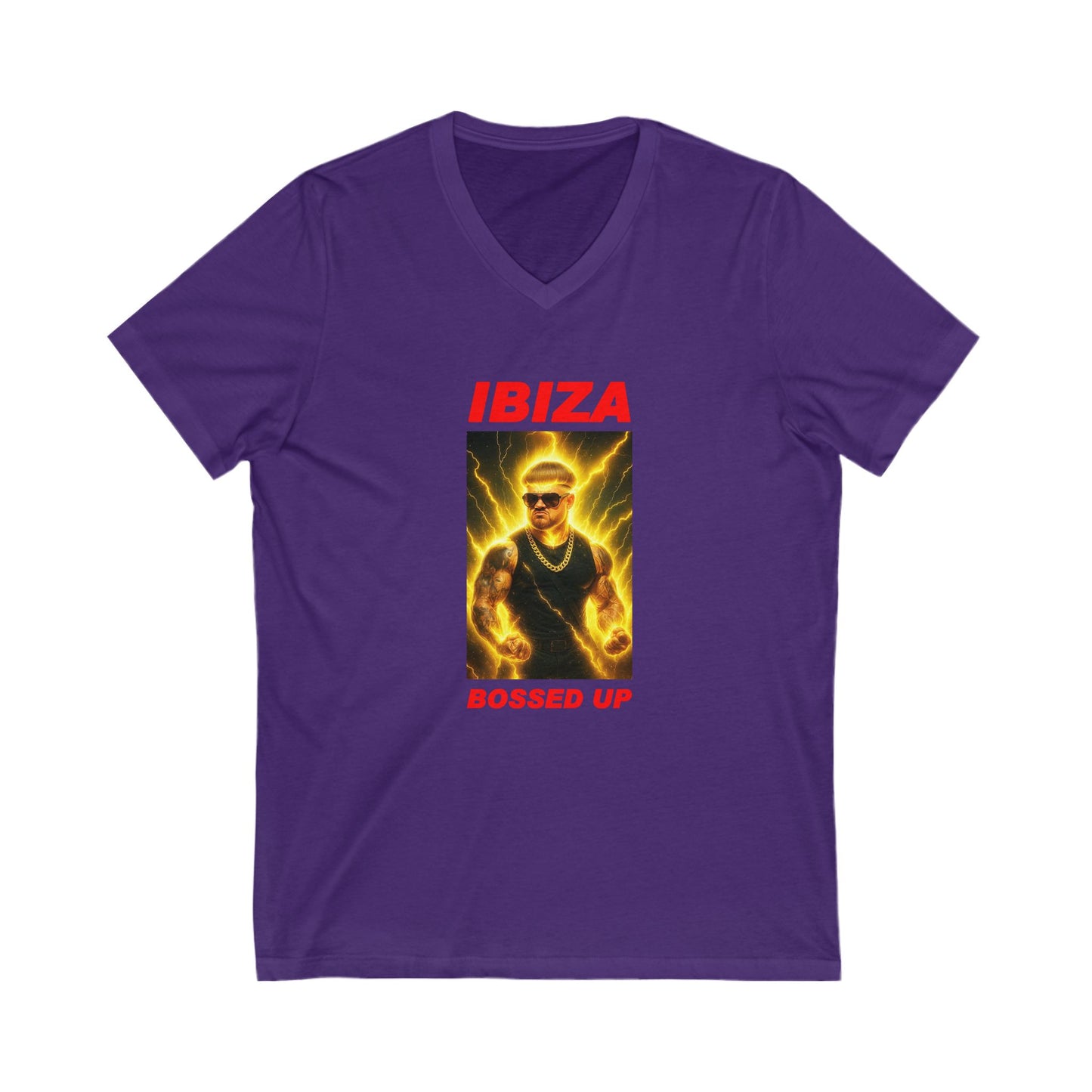Ibiza Bossed Up Unisex V-Neck Tee, Summer Vacation Shirt, Music Festival Outfit, Beach Party Top, Trendy Graphic Tee, Gift for Party Lovers