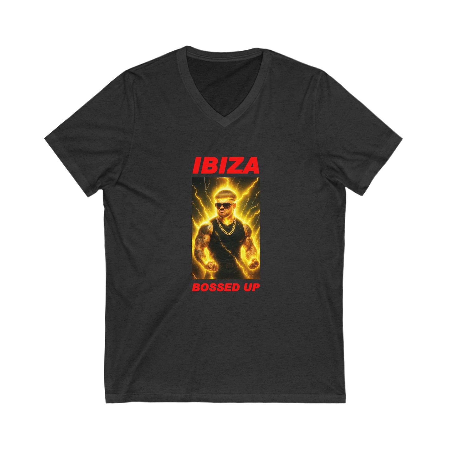 Ibiza Bossed Up Unisex V-Neck Tee, Summer Vacation Shirt, Music Festival Outfit, Beach Party Top, Trendy Graphic Tee, Gift for Party Lovers