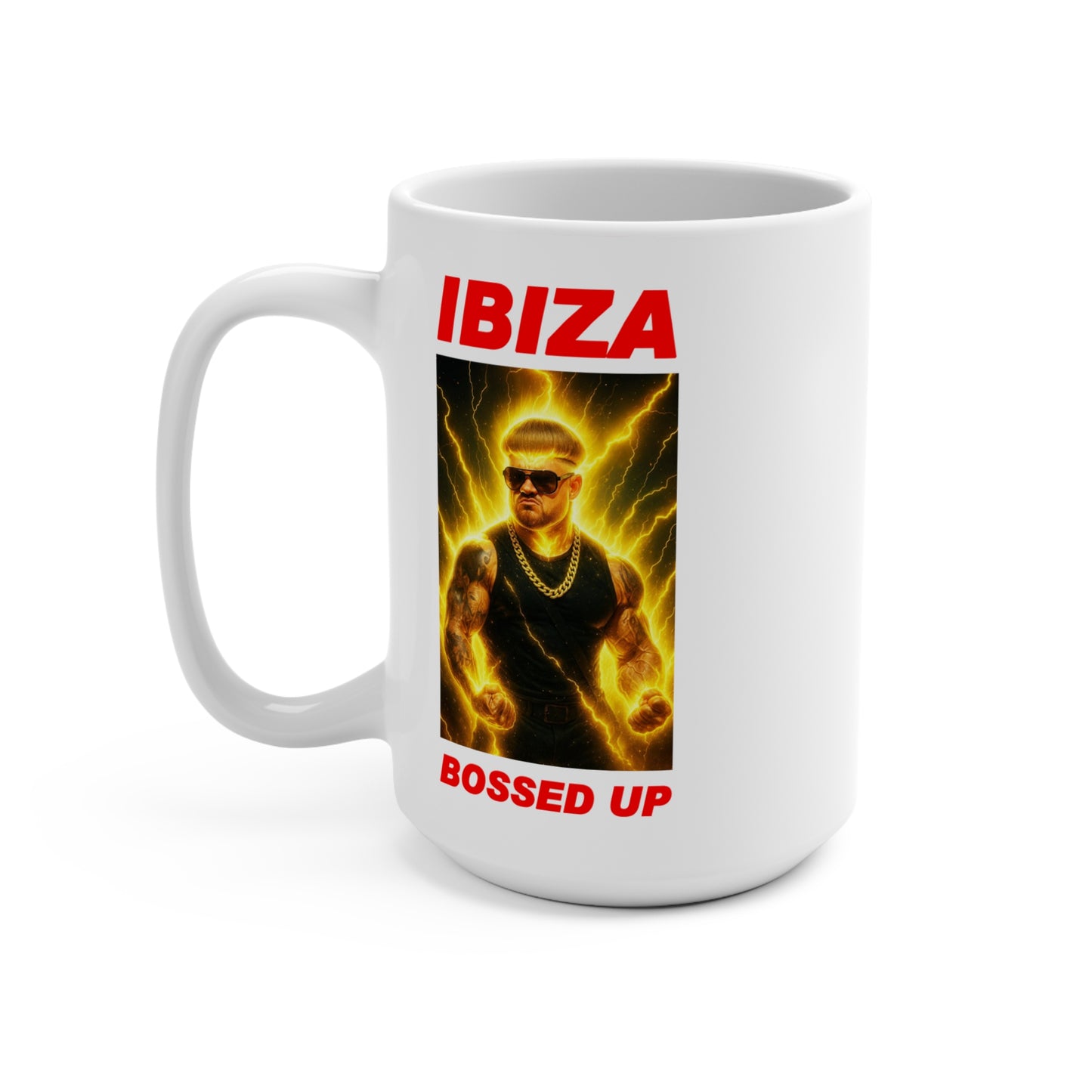 Ibiza Themed 15oz Mug, Bold Drinkware Gift, Party Vibe, Perfect for Summer Celebrations, Bossed Up Coffee Cup, Fun Gift for Beach Lovers