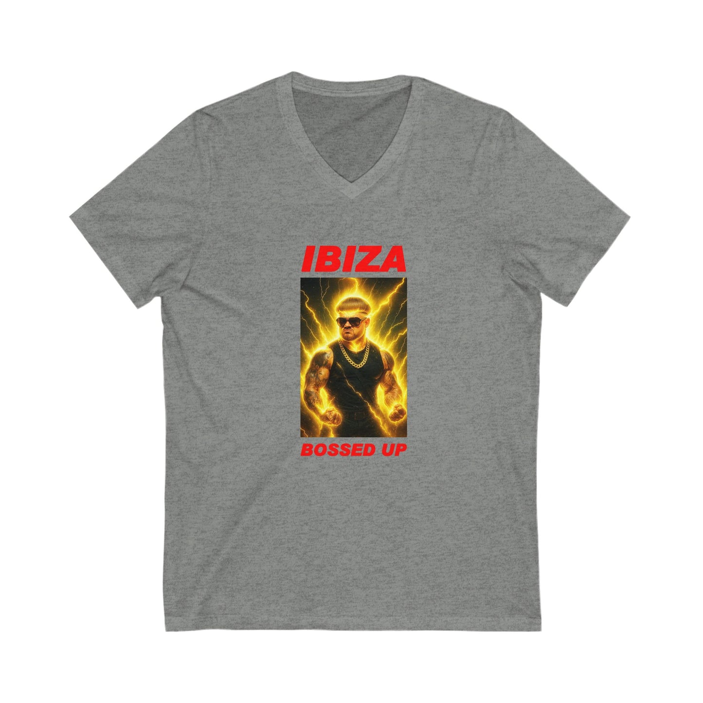 Ibiza Bossed Up Unisex V-Neck Tee, Summer Vacation Shirt, Music Festival Outfit, Beach Party Top, Trendy Graphic Tee, Gift for Party Lovers