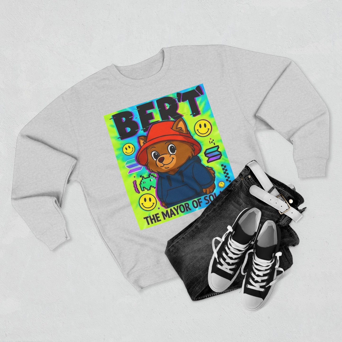 Bert Bear Crewneck Sweatshirt — "BERT: The Mayor of Solana" Retro Graphic